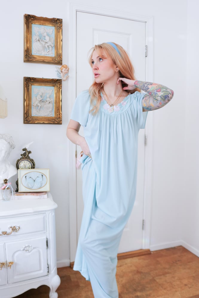 Image of Vintage Shadowline Pastel Blue Princess Nightgown (Small)