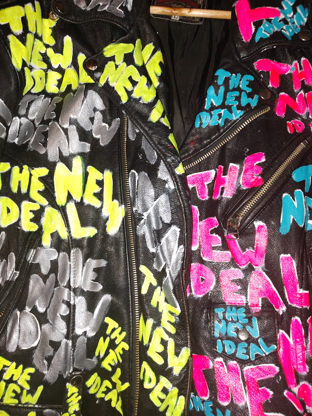 UV GLOW YELLOW & PINK "THE NEW IDEAL" HAND PAINTED VINTAGE BIKER JACKET