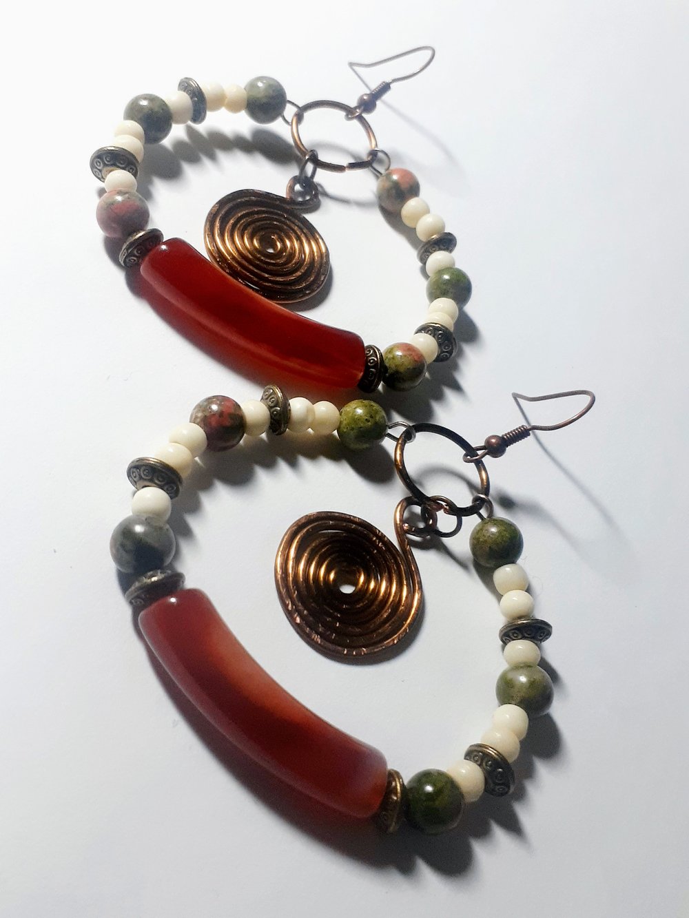 Image of PRETTY jasper buffalo bone Afrocentric beaded wire earrings w/bracelet