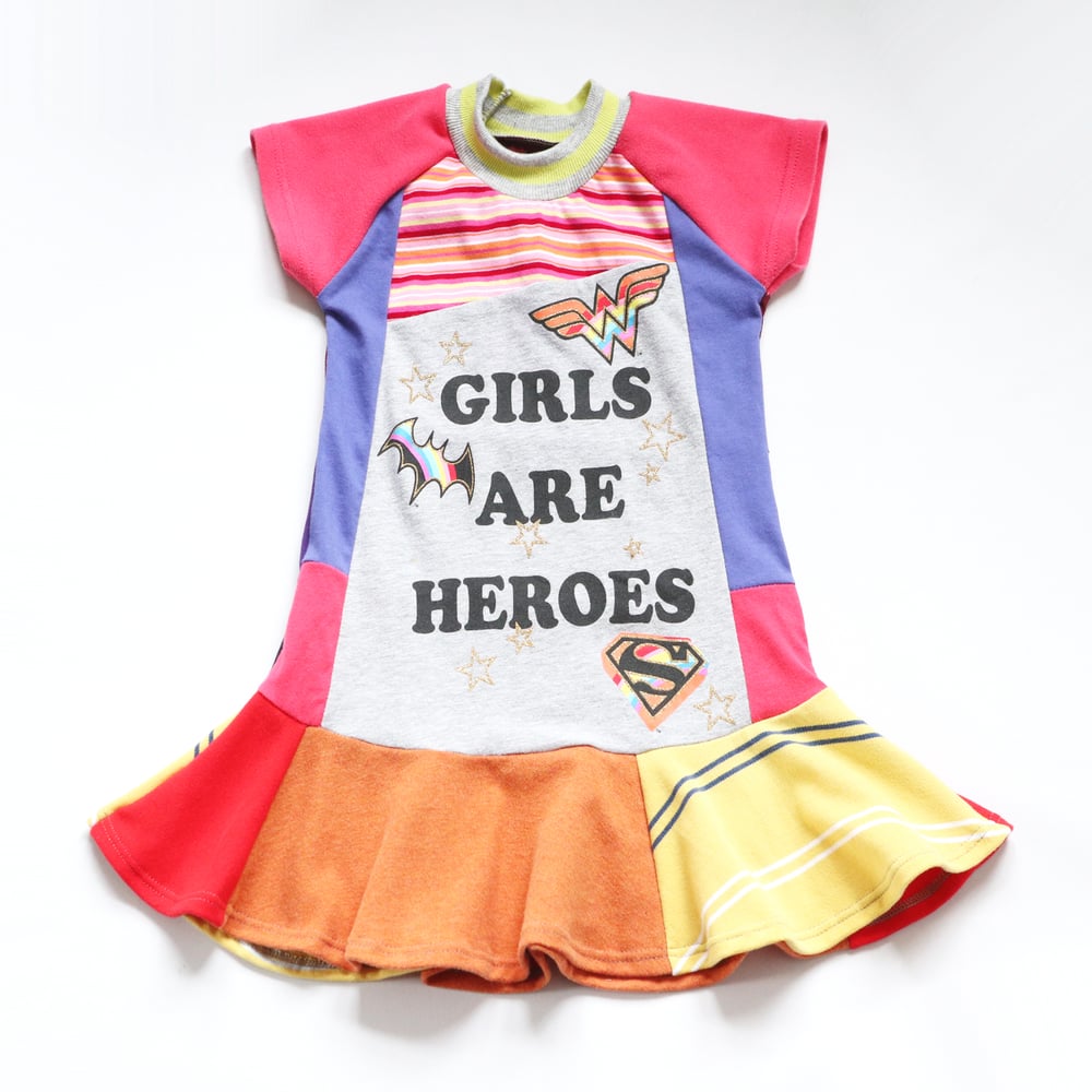 Image of girls are heroes stripe rainbow patchwork 4T courtneycourtney dress short sleeve twirl superhero