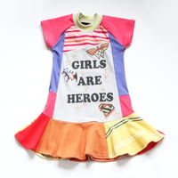 Image 1 of girls are heroes stripe rainbow patchwork 4T courtneycourtney dress short sleeve twirl superhero