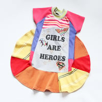 Image 2 of girls are heroes stripe rainbow patchwork 4T courtneycourtney dress short sleeve twirl superhero