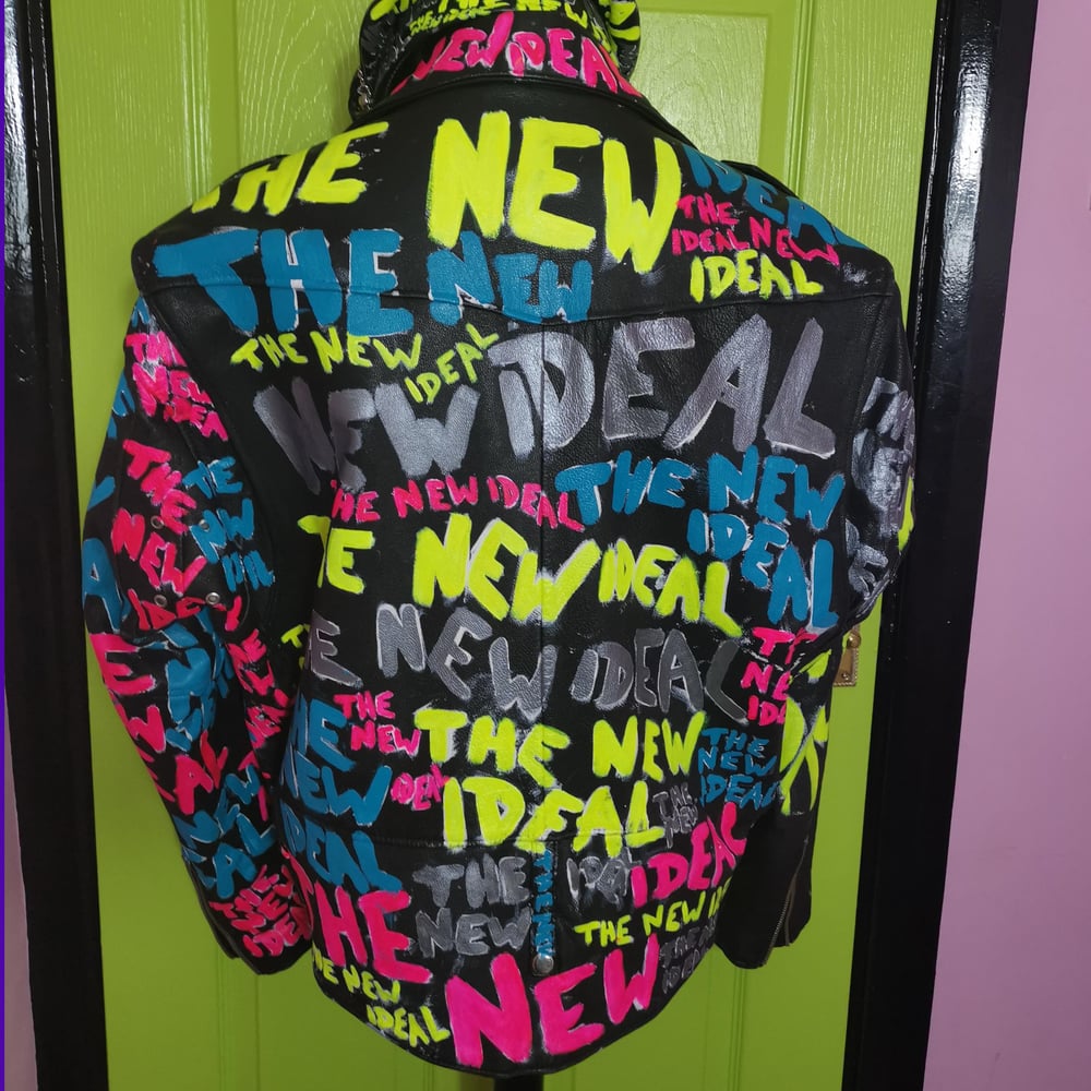 UV GLOW PINK & YELLOW "THE NEW IDEAL" HAND PAINTED VINTAGE BIKER JACKET