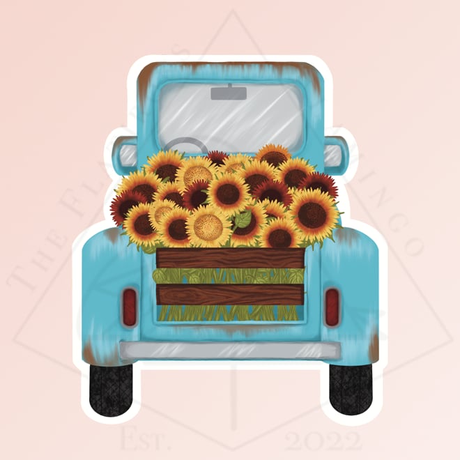 Image of Blue Truck with Sunflowers - Sticker