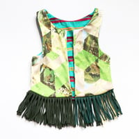 Image 3 of vintage fabric green yellow cheater quilt folk 7/8 courtneycourtney open layer fringe vest 