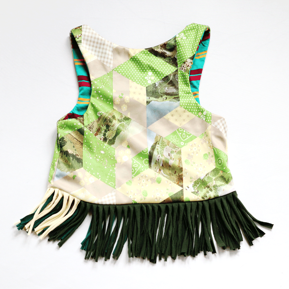 Image of vintage fabric green yellow cheater quilt folk 7/8 courtneycourtney open layer fringe vest 