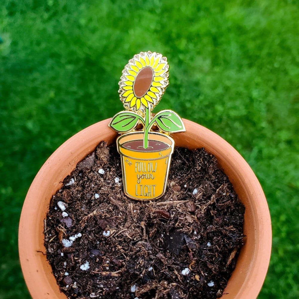 Potted Sunflower Follow Your Light Motivational Saying Plant Enamel Pin