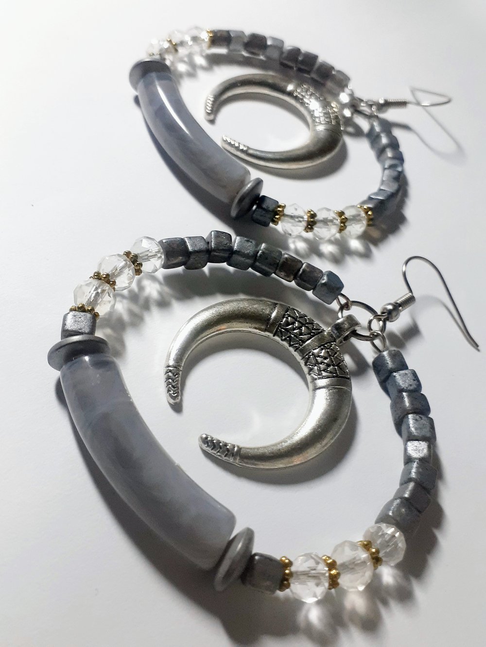 Image of Afrocentric STRENGTH gray hematite, faceted beaded wired statement dangling earring and bracelet set