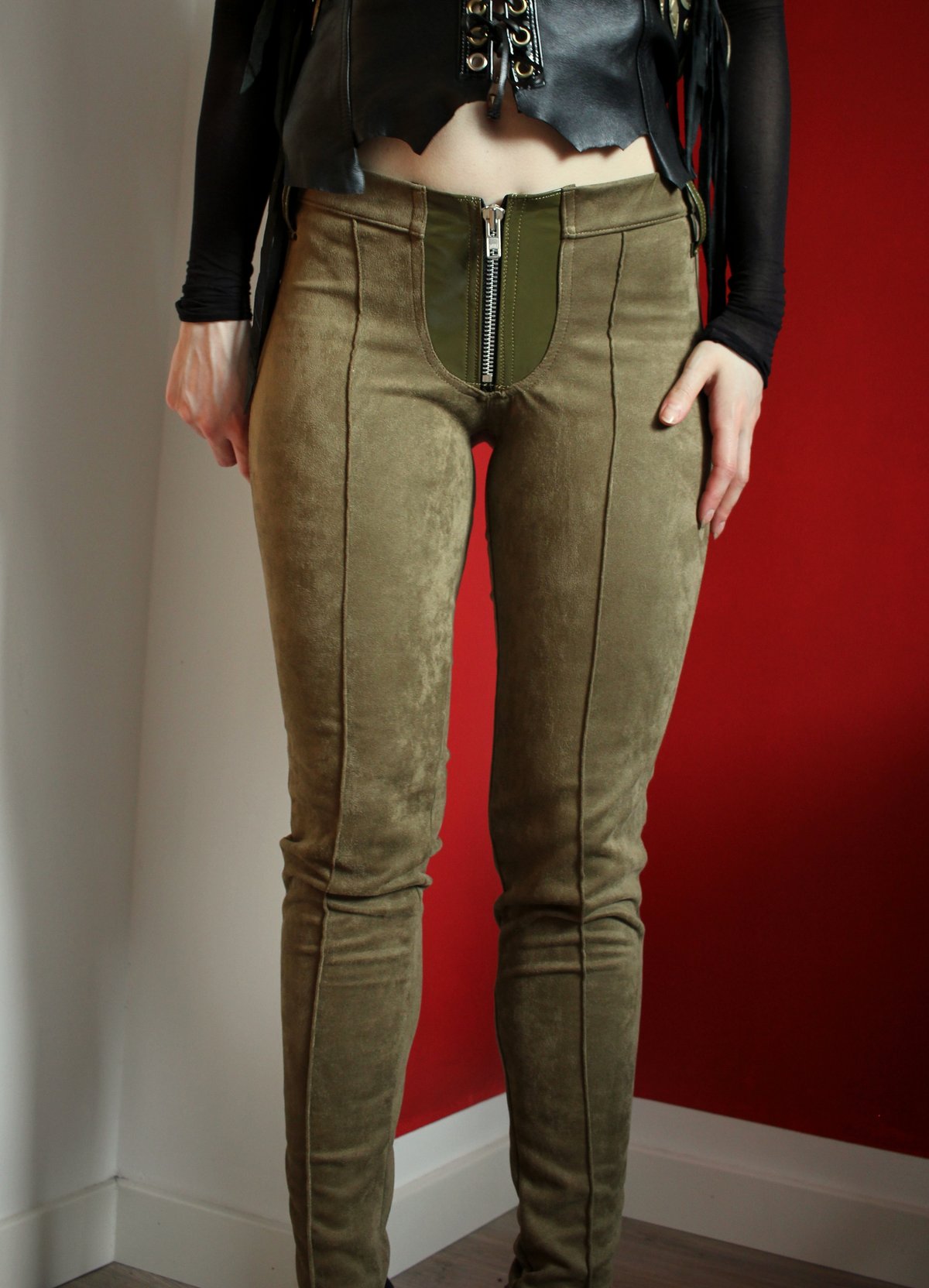 Image of SAMPLE SALE - Kultchen Heavy Zipper pants in khaki green suede (Size S)