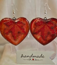 Image 1 of Handcrafted Resin Autumn Maple Leaf Heart Shaped Earrings 