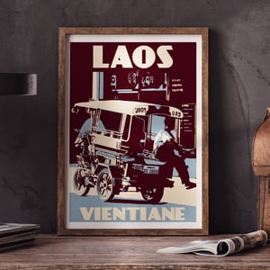 Image of Vintage poster Laos - Vientiane - Tuktuk - Fine Art Print