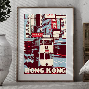 Image of Vintage poster Hong Kong - Tramway - Ding Ding Blue and Red - Fine Art Print