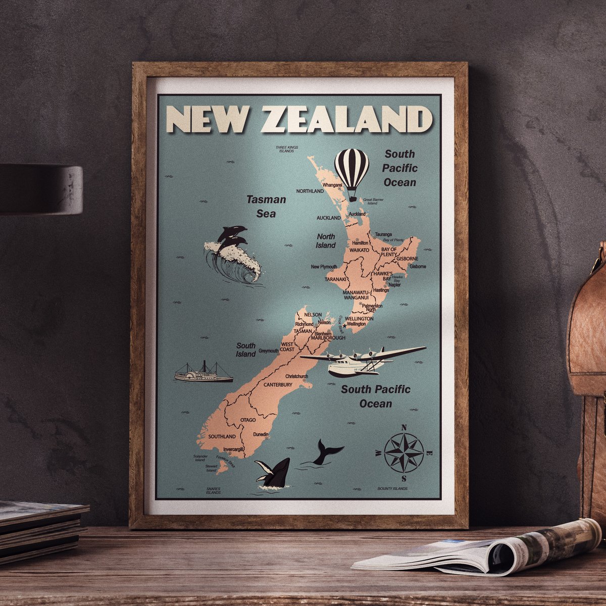 Image of Vintage poster New Zealand Map - Fine Art Print