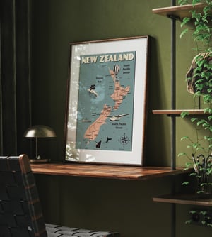 Image of Vintage poster New Zealand Map - Fine Art Print