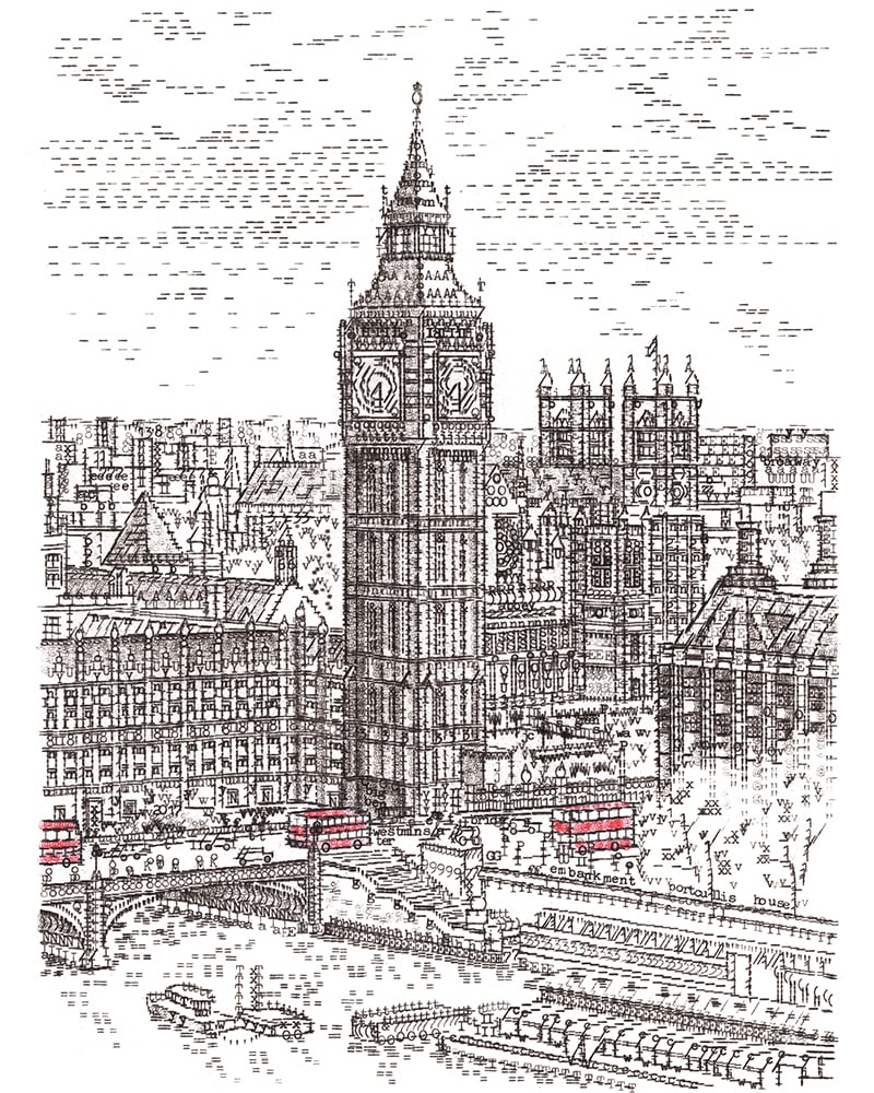 Image of Big Ben from London Eye, Signed Print Typewriter Art