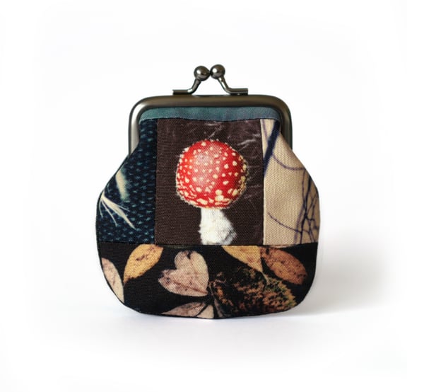 Image of Fly agaric, kisslock purse with plant-dyed patchwork