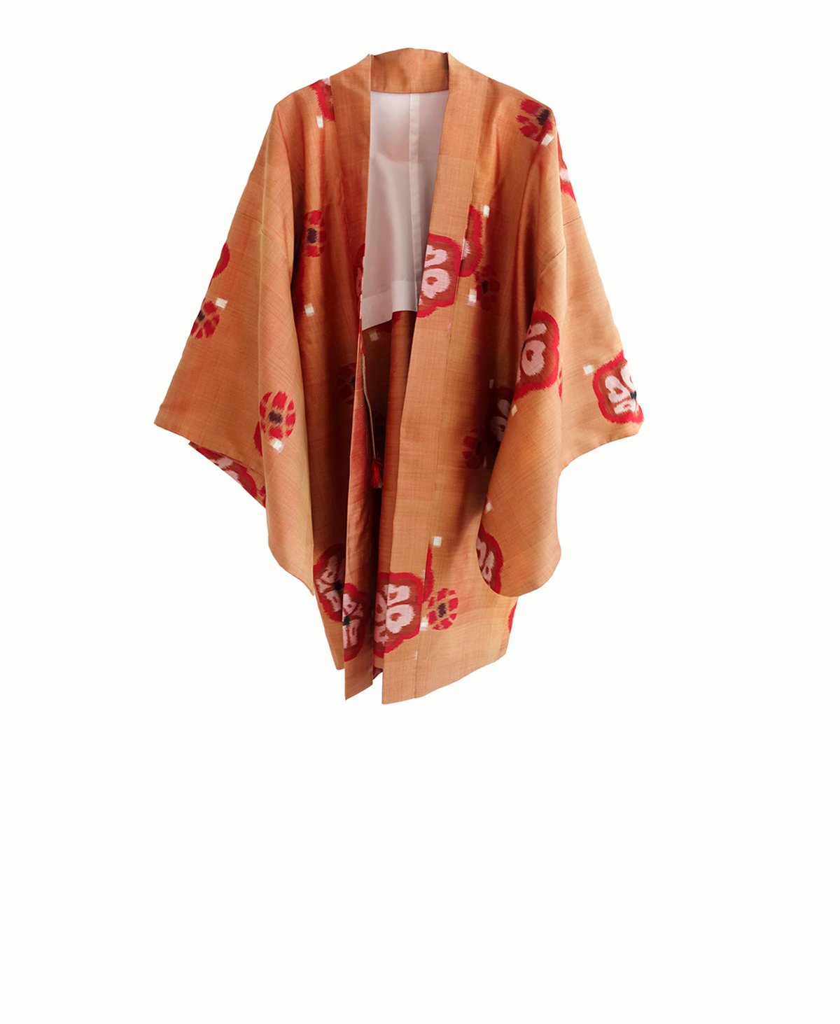 Image of Kort kimono af silke - brændt orange/kobber med blomsterstempler