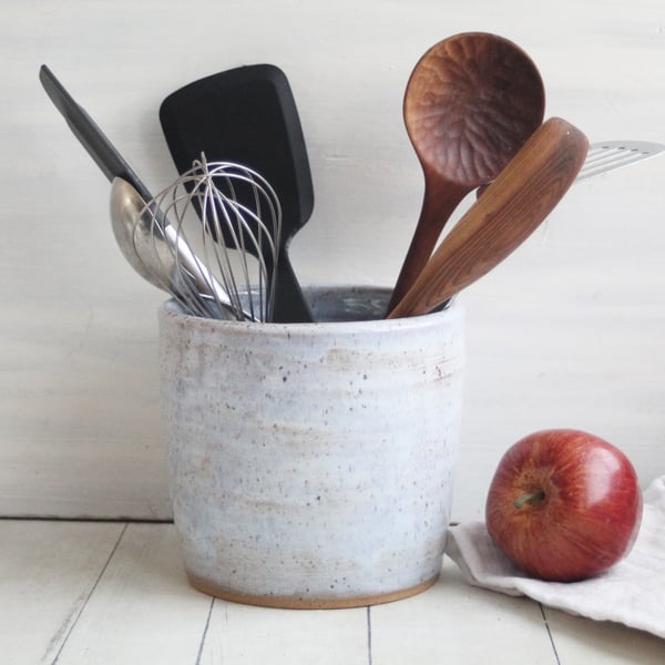 Image of Large Rustic Utensil Holder in Icy Blue Glaze on Speckled Stoneware, Handmade Ceramic Kitchen Crock