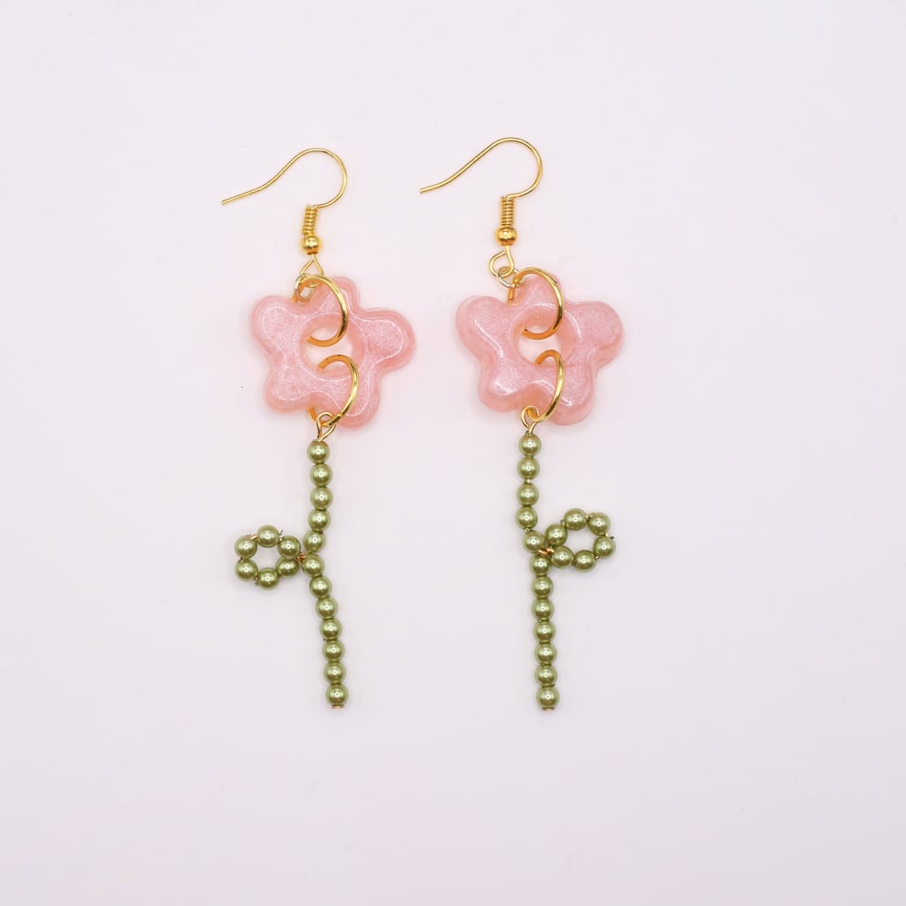 Image of Shimmer Pink Flower and Stem Earrings