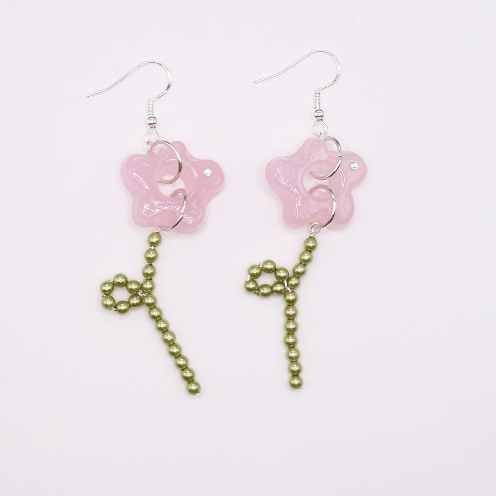 Image of Opaque Pink Flower and Stem Earrings