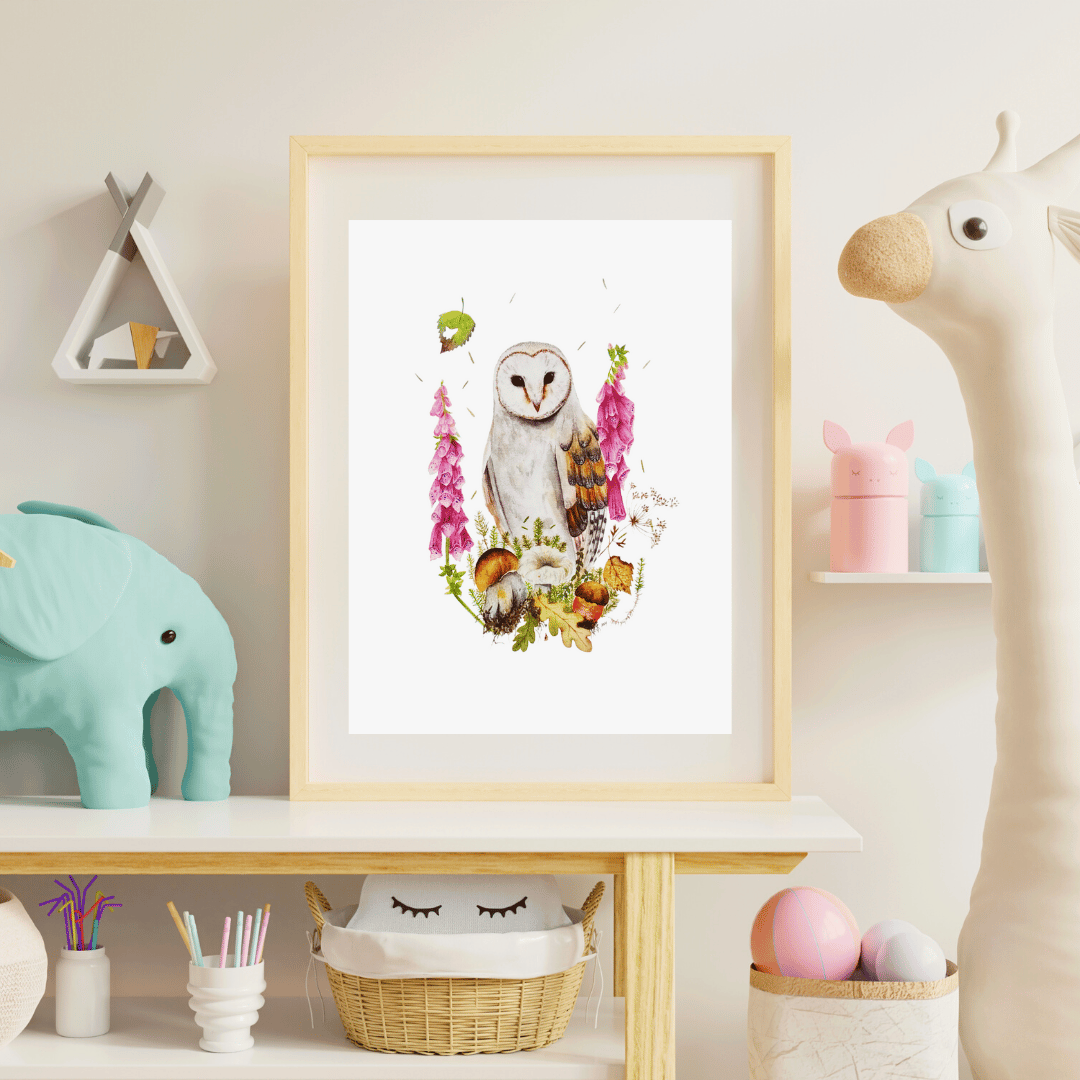 Image of Barn Owl with Flowers and Mushrooms Watercolor Illustration PRINT 