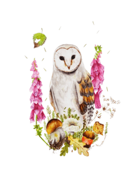 Image 4 of Barn Owl with Flowers and Mushrooms Watercolor Illustration PRINT 