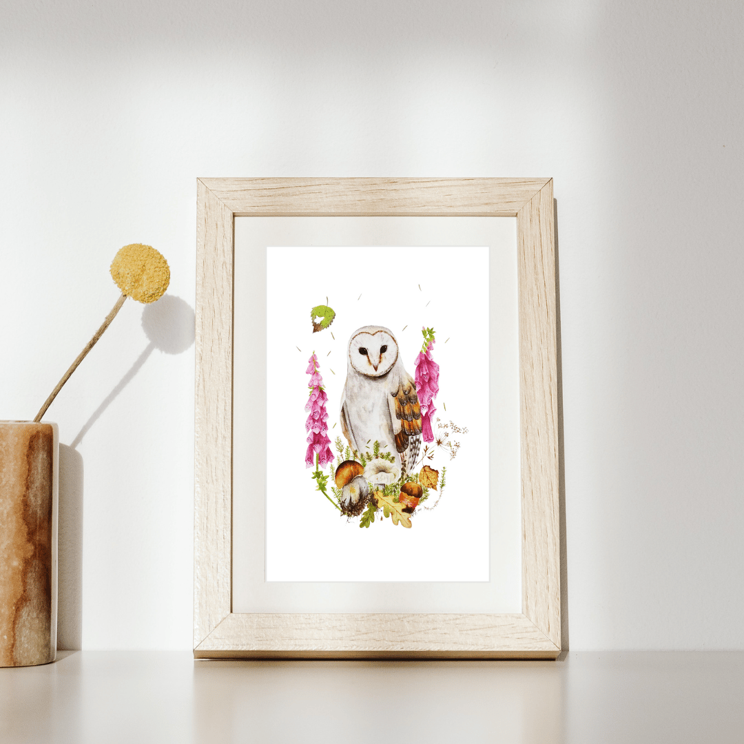 Image of Barn Owl with Flowers and Mushrooms Watercolor Illustration PRINT 
