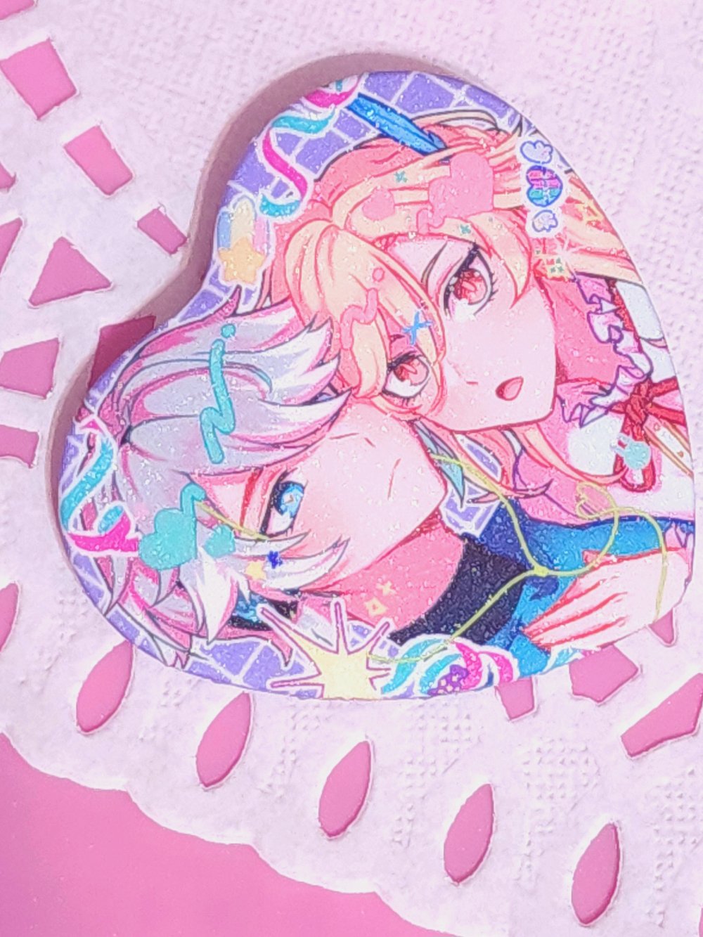 Image of Genshin Ship Holo Glitter Heart Shaped Buttons