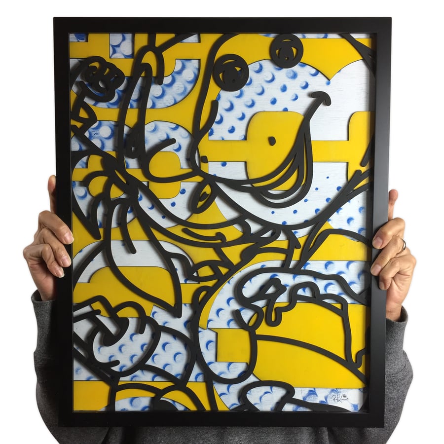 Image of BarneyPooh GonSonic / Mixed Media on Wood Panel / 16" x 20"