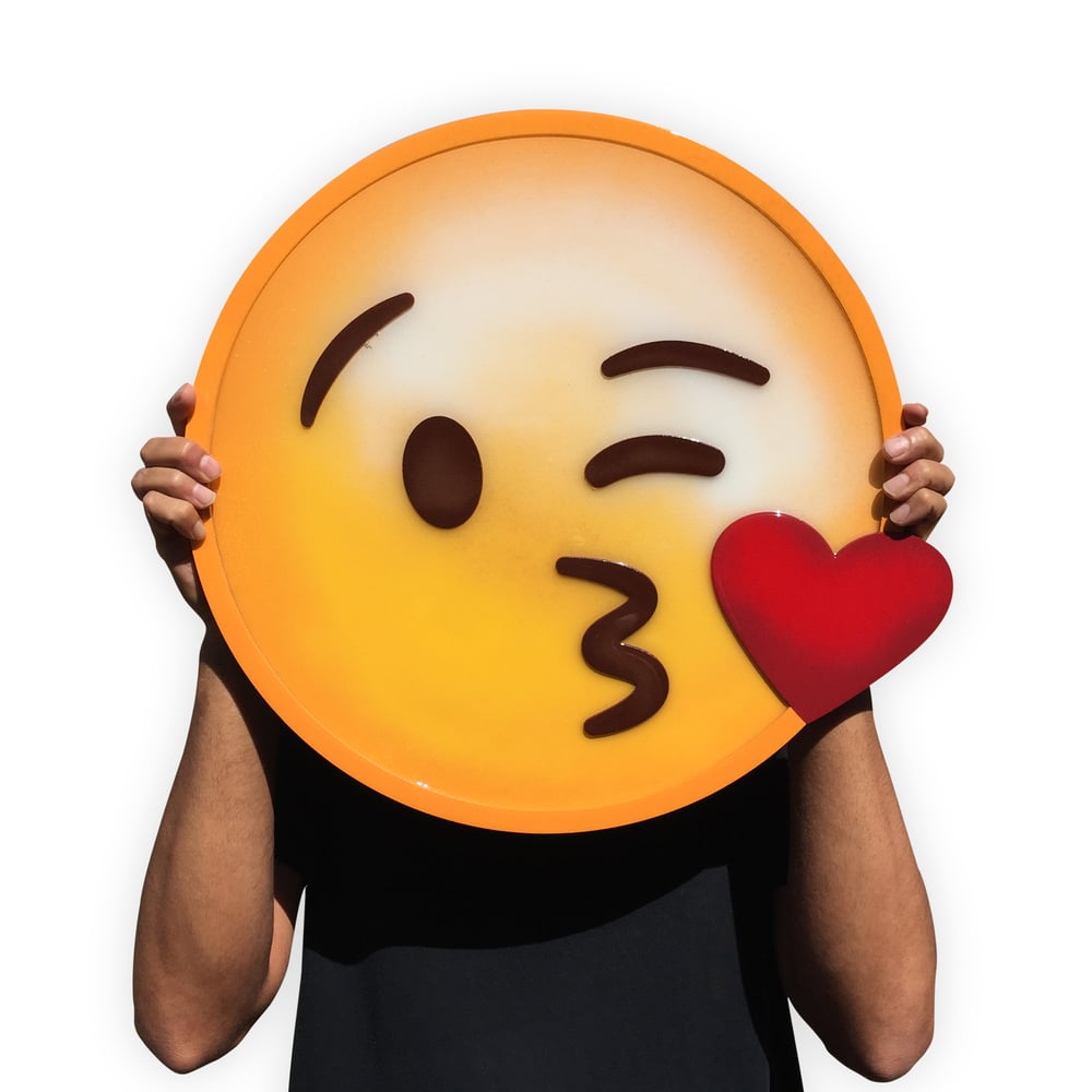 Image of Emoji Kiss / Mixed Media on Wood Panel / 18" x 18"