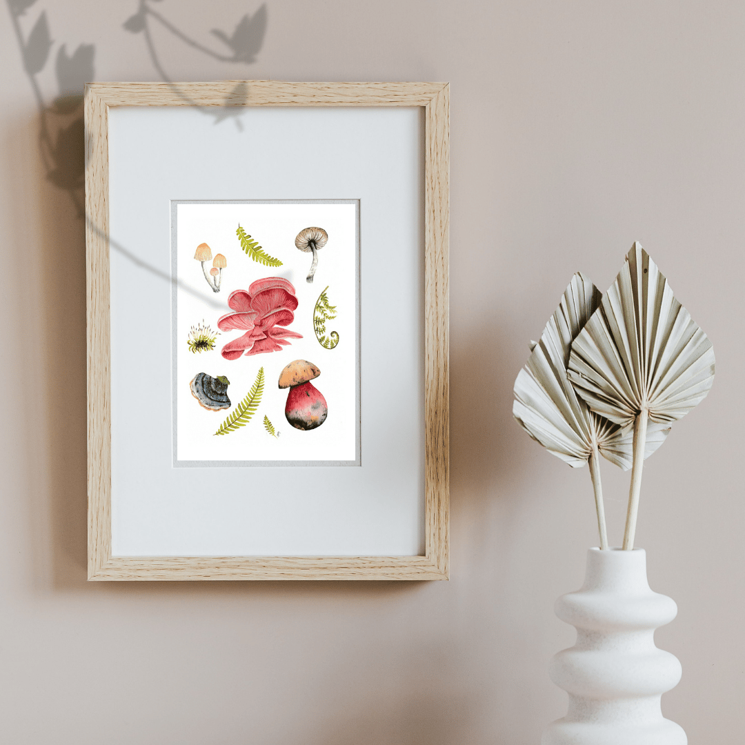 Image of Mushrooms and Ferns Watercolor Illustration PRINT 
