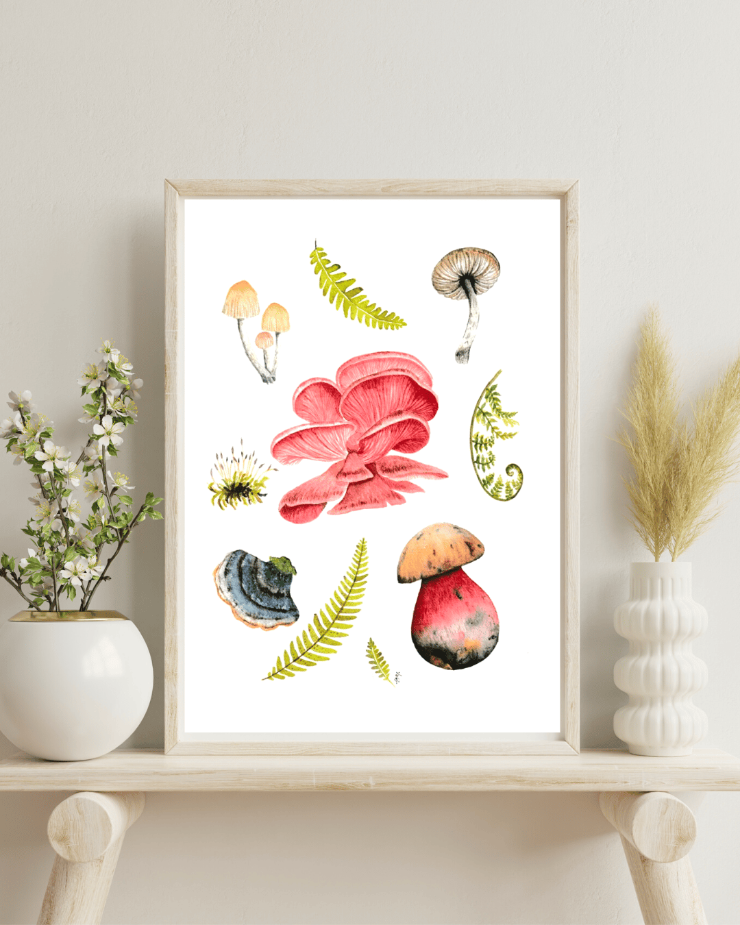 Image of Mushrooms and Ferns Watercolor Illustration PRINT 