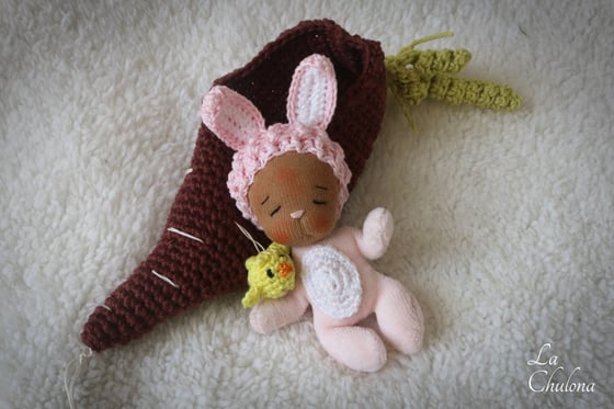 Image of Candy, 4 inch Baby Bunny Doll with Carrot bed.