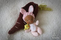 Image 1 of Candy, 4 inch Baby Bunny Doll with Carrot bed.