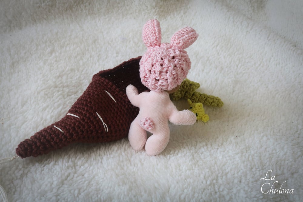 Image of Candy, 4 inch Baby Bunny Doll with Carrot bed.