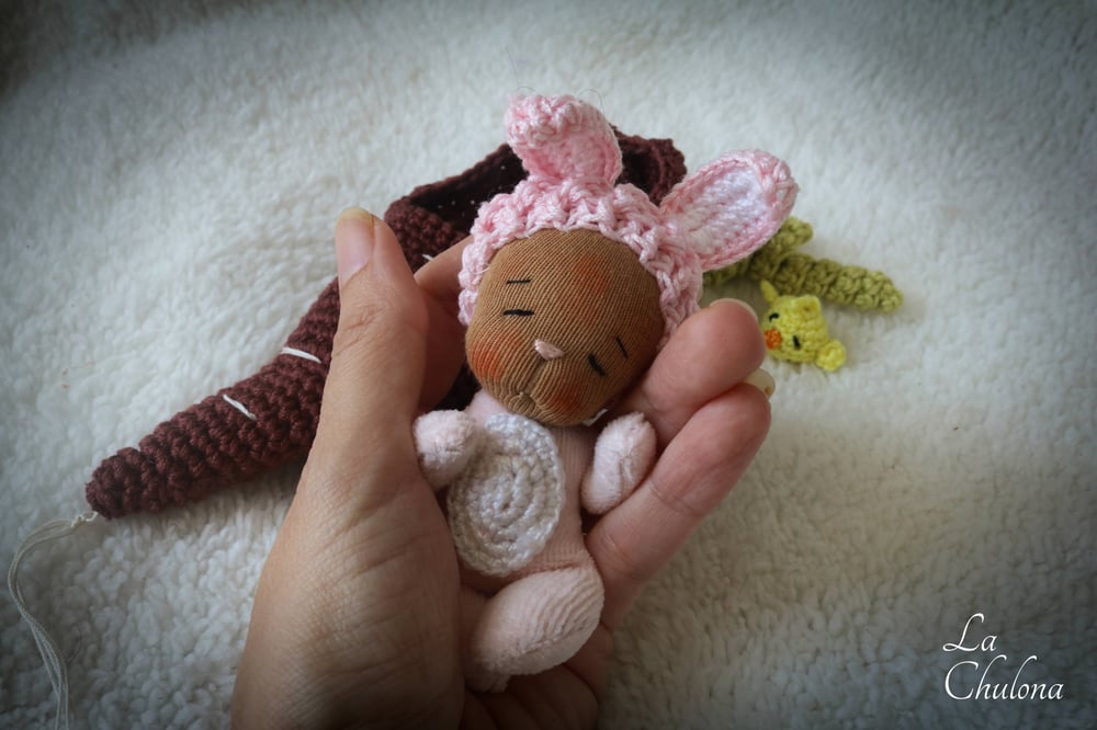 Image of Candy, 4 inch Baby Bunny Doll with Carrot bed.