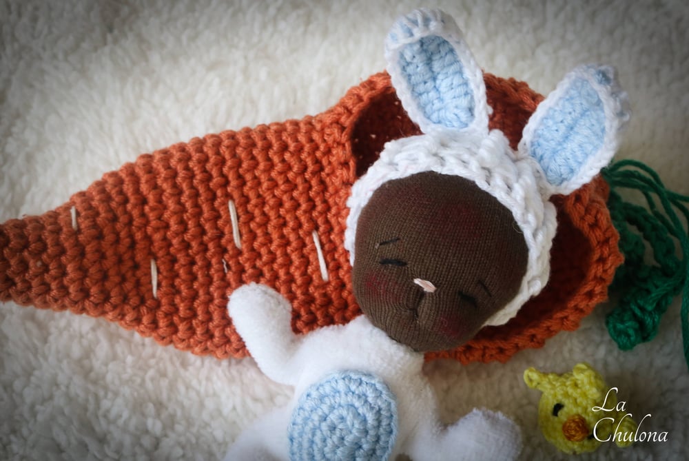 Image of Cloud, 4 inch Baby Bunny Doll with Carrot bed