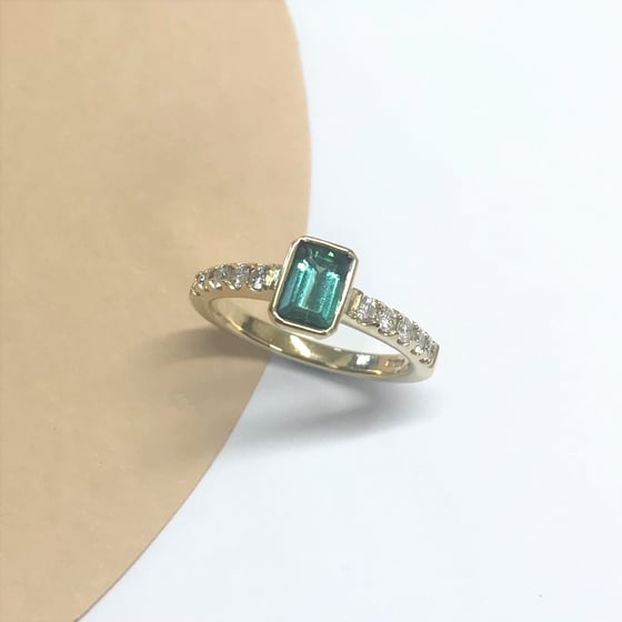 Image of Teal tourmaline + diamond bezel set ring