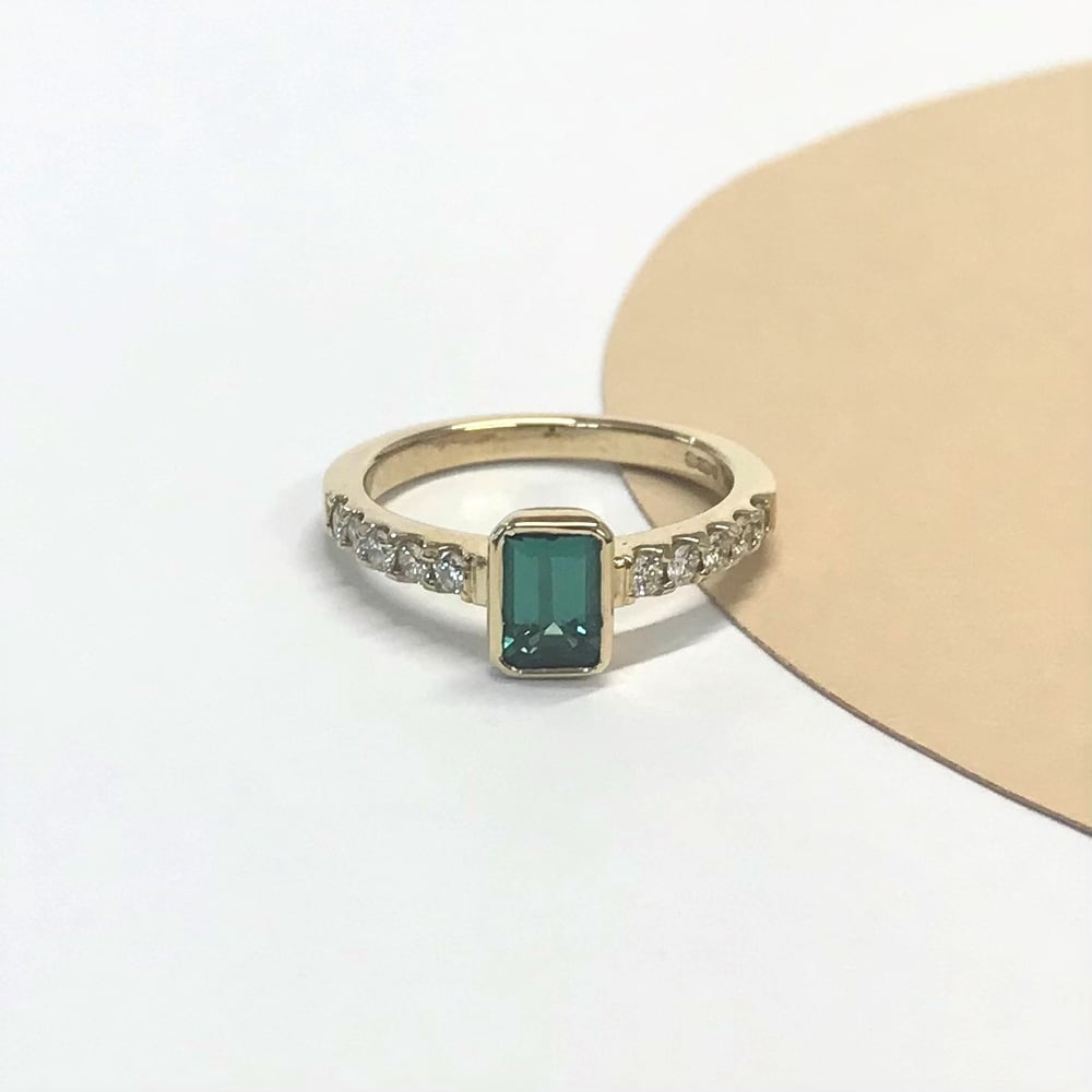 Image of Teal tourmaline + diamond bezel set ring