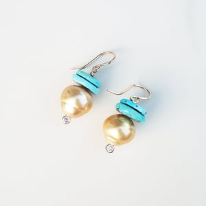Gold South Sea Pearls & Turquoise Earrings