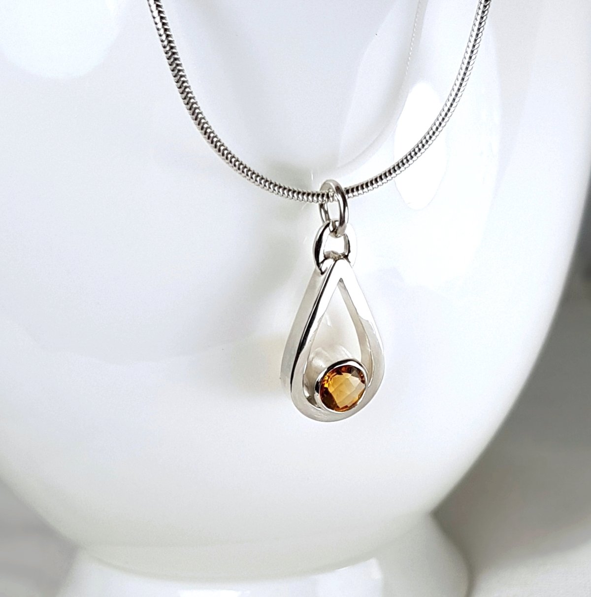 Image of Sterling Silver Citrine Necklace, Handmade Teardrop Pendant with Golden Citrine