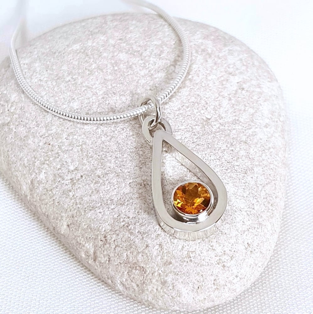 Image of Sterling Silver Citrine Necklace, Handmade Teardrop Pendant with Golden Citrine