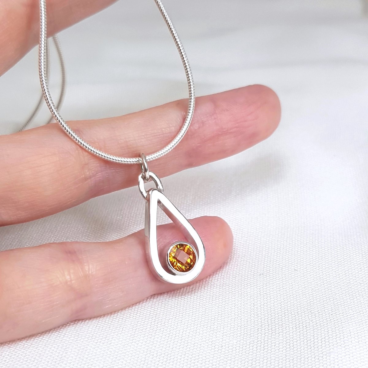 Image of Sterling Silver Citrine Necklace, Handmade Teardrop Pendant with Golden Citrine
