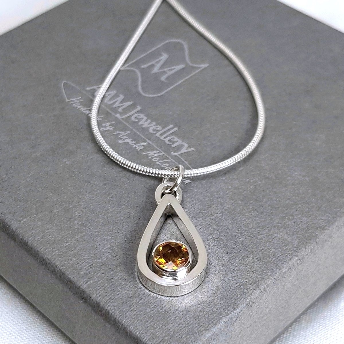 Image of Sterling Silver Citrine Necklace, Handmade Teardrop Pendant with Golden Citrine
