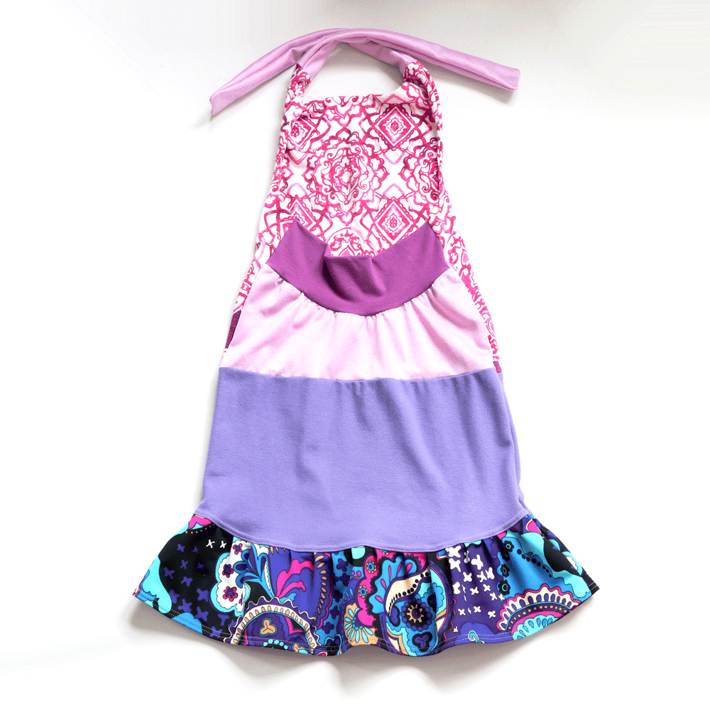 Image of purple paisley stripe vintage fabric 8/10 halter dress sundress tie flouncy courtneycourtney