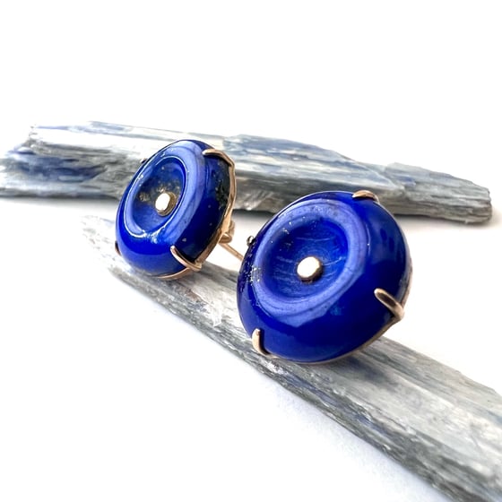 Image of Vintage Carved Lapis Lazuli and 14K Gold Stud Earrings