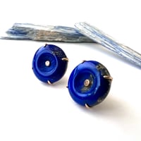 Image 2 of Vintage Carved Lapis Lazuli and 14K Gold Stud Earrings