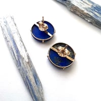 Image 4 of Vintage Carved Lapis Lazuli and 14K Gold Stud Earrings