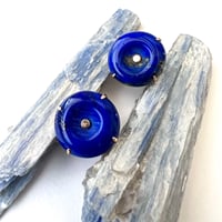 Image 5 of Vintage Carved Lapis Lazuli and 14K Gold Stud Earrings