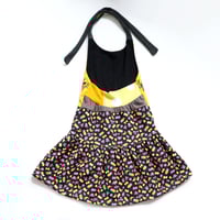 Image 4 of pacman fruit gold gamer retro vintage fabric 5/6 halter dress sundress tie flouncy courtneycourtney